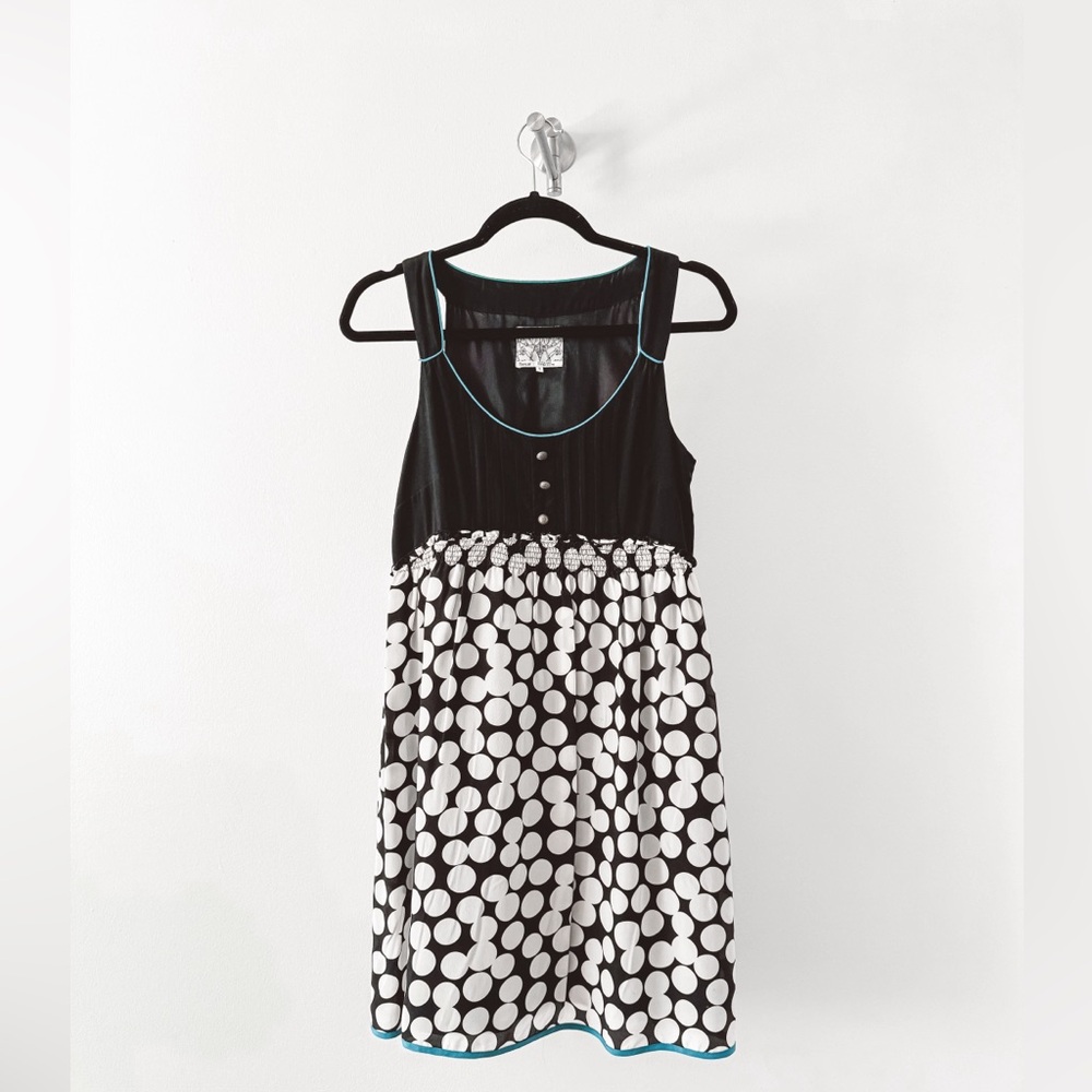 Anthro Floreat 100% Silk Spring Polka Dot Sleeveless Mini Dress Black White Blue
